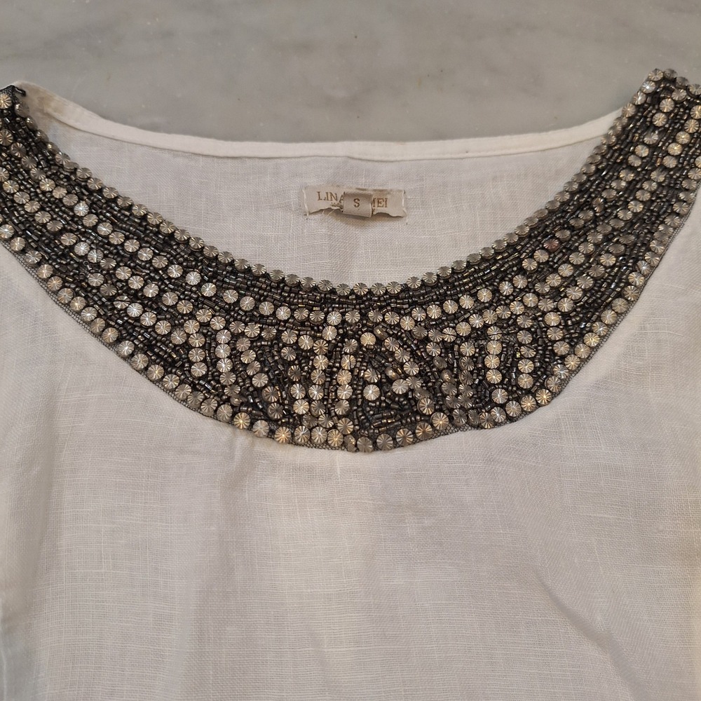 Lina Tomei Sleeveless White Linen Top Beaded Metal Neckline Sz S Rib Tank Boho